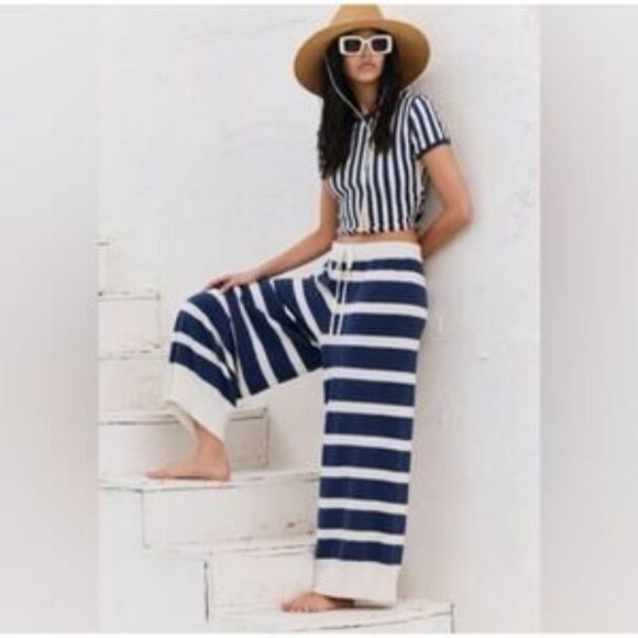 Free People Beach Striped Wide-Leg Lounge Pants S Navy & Cream Knit Drawstring - Picture 1 of 7
